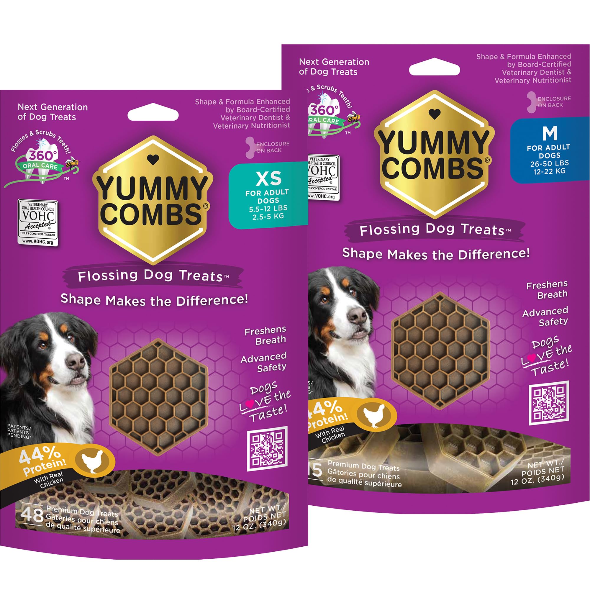 Yummy Combs - Dog Dental Treats | Removes Tartar - Vet VOHC Approved | A Yummy Treat for Teeth Cleaning - Chicken Protein | Extra Small 12oz and Medium 12oz