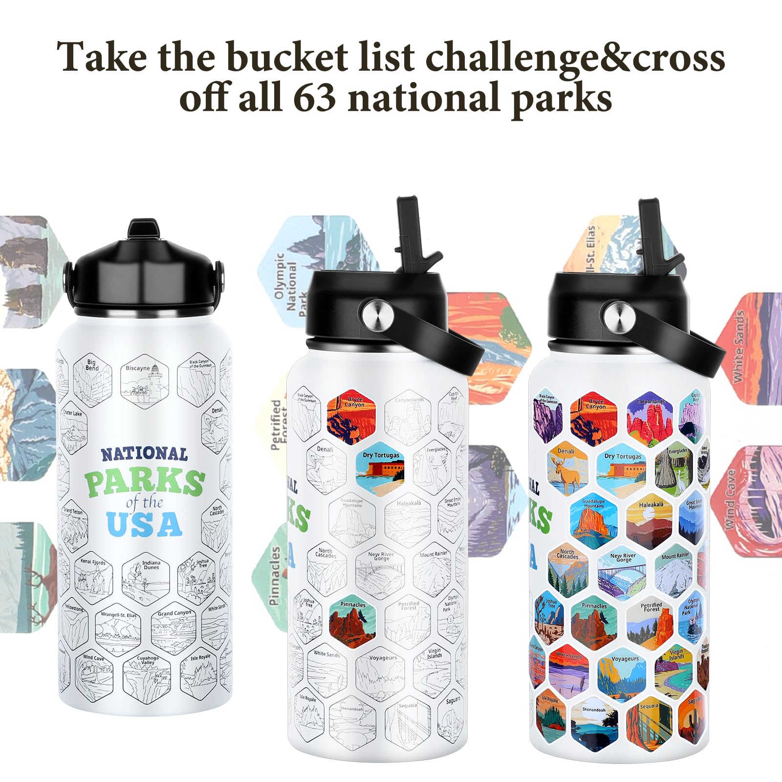 63 National Parks Water Bottle with Water Proof Stickers,32 oz Leak Proof Insulated Stainless Steel Water Bottle with Straw,Perfect for Hiking,Camping&Travel