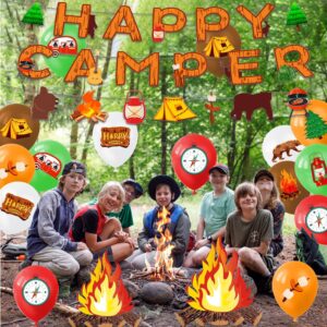 Camping Themed Party Decorations, Happy Camping Banner and 3D Bonfire with Camping Theme Latex Balloon for Teenagers Adventurer Hiking Camping Party Decoration