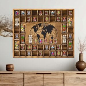 glikceil large world map 48 slots shot glass display case 28 x 23'' rustic wood shot glass holder for different size shot glass shelf organizer wall mount shot glass storage shadow bar cabinet (brown)