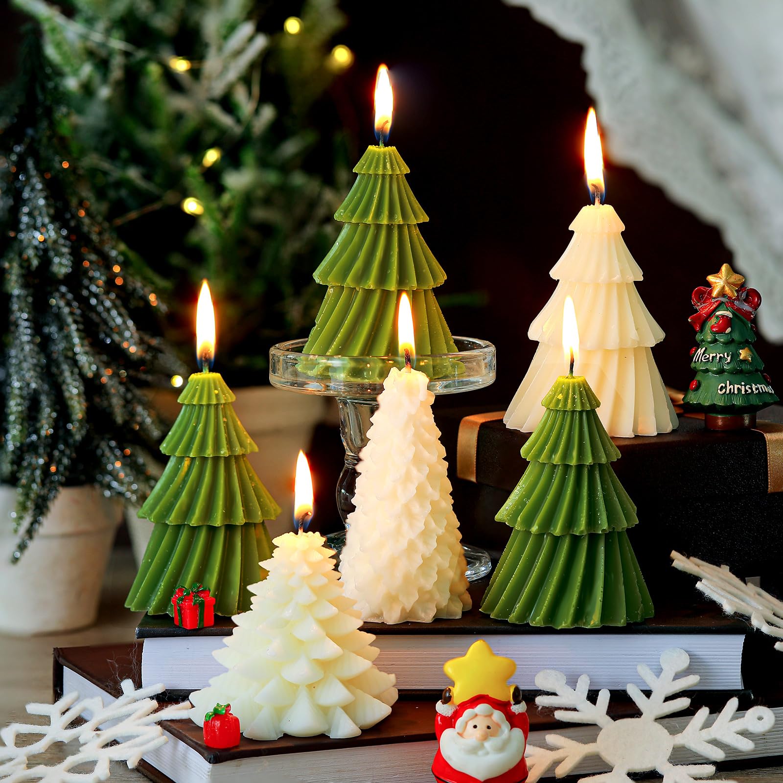 Conelist 6 pcs Christmas Tree Shaped Candles Xmas Wax Scented Candles 3.7 Inch Decorative Christmas Tree Candles Gifts for Xmas Eve Winter Holiday Party New Year Bedroom Room Table Decor, 4 Styles