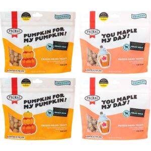 primal freeze dried dog treats, chicken & pumpkin 2 oz (pack of 2) & pork & maple 2 oz (pack of 2) - halloween & thanksgiving holiday bundle