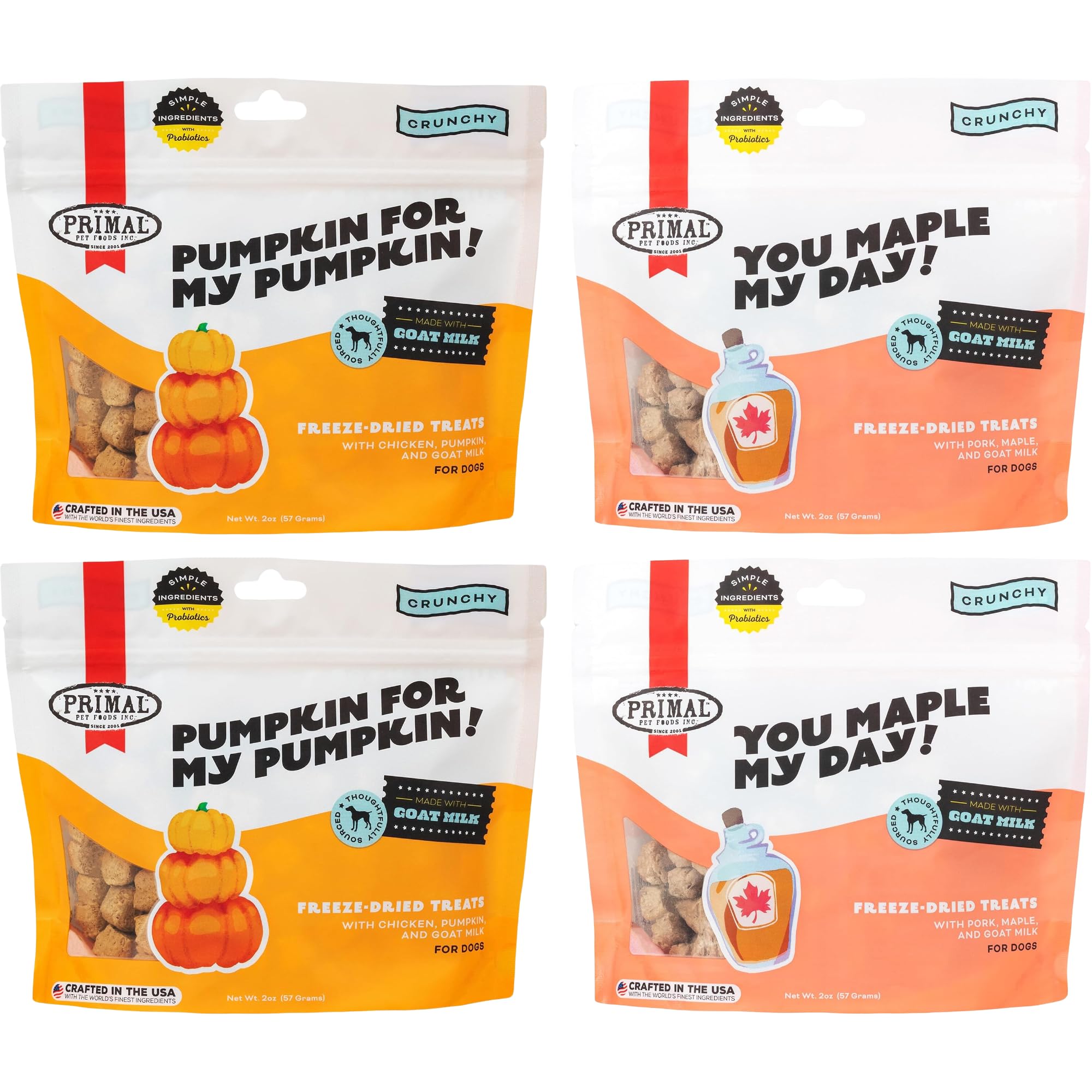 Primal Freeze Dried Dog Treats, Chicken & Pumpkin 2 oz (Pack of 2) & Pork & Maple 2 oz (Pack of 2) - Halloween & Thanksgiving Holiday Bundle