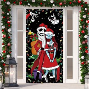 jack skeleton and sally door cover nightmare before christmas front porch door sign banner christmas xmas winter holiday decorations outdoor outside for home