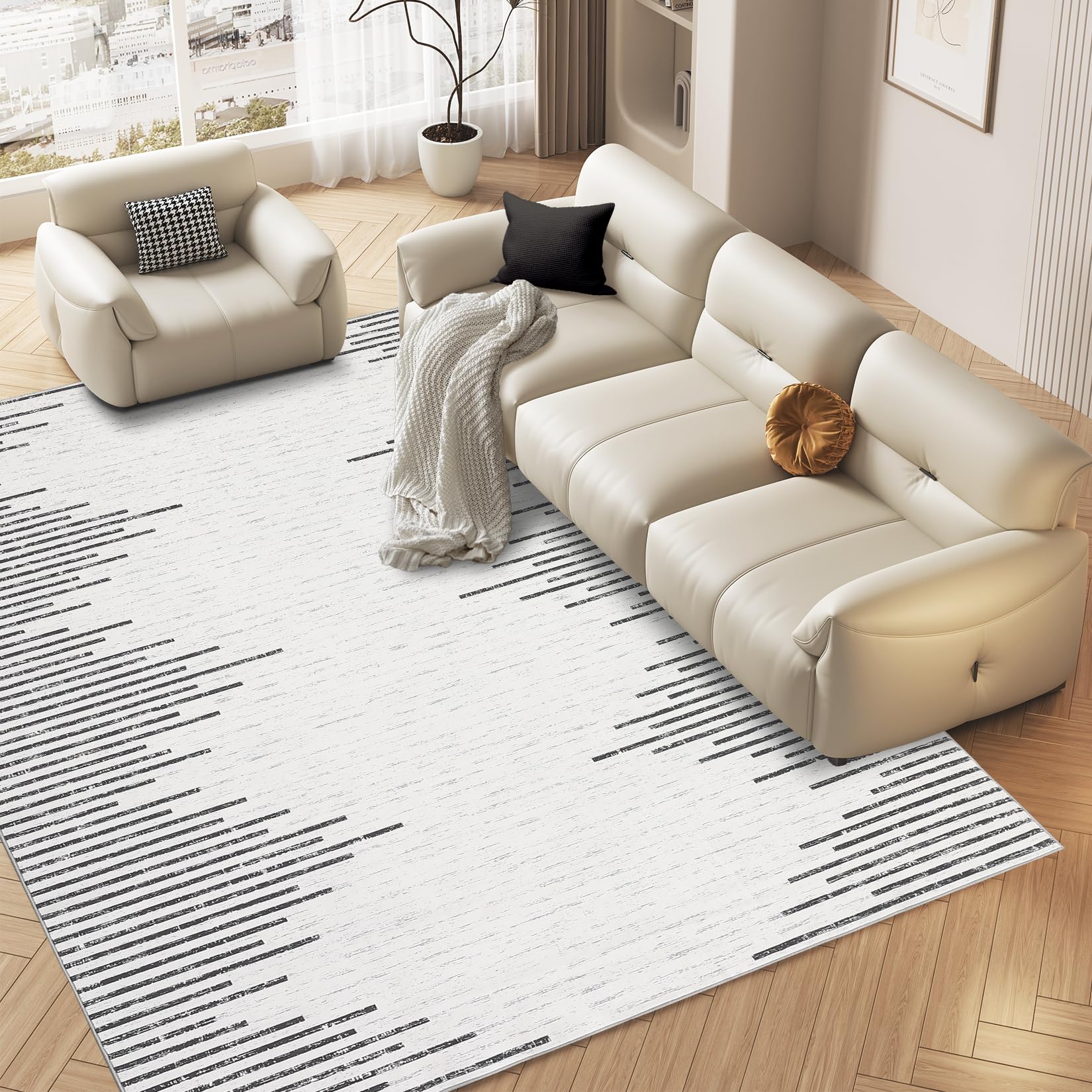 COZYLOOM 9x12 Area Rug for Living Room Washable Rugs Stripe Farmhouse Bedroom Rug large Rug Modern Rug Non Slip Carpet Stripe Throw Rugs for Dining Room Stain Resistant Office Rug Classroom Rug, Cream