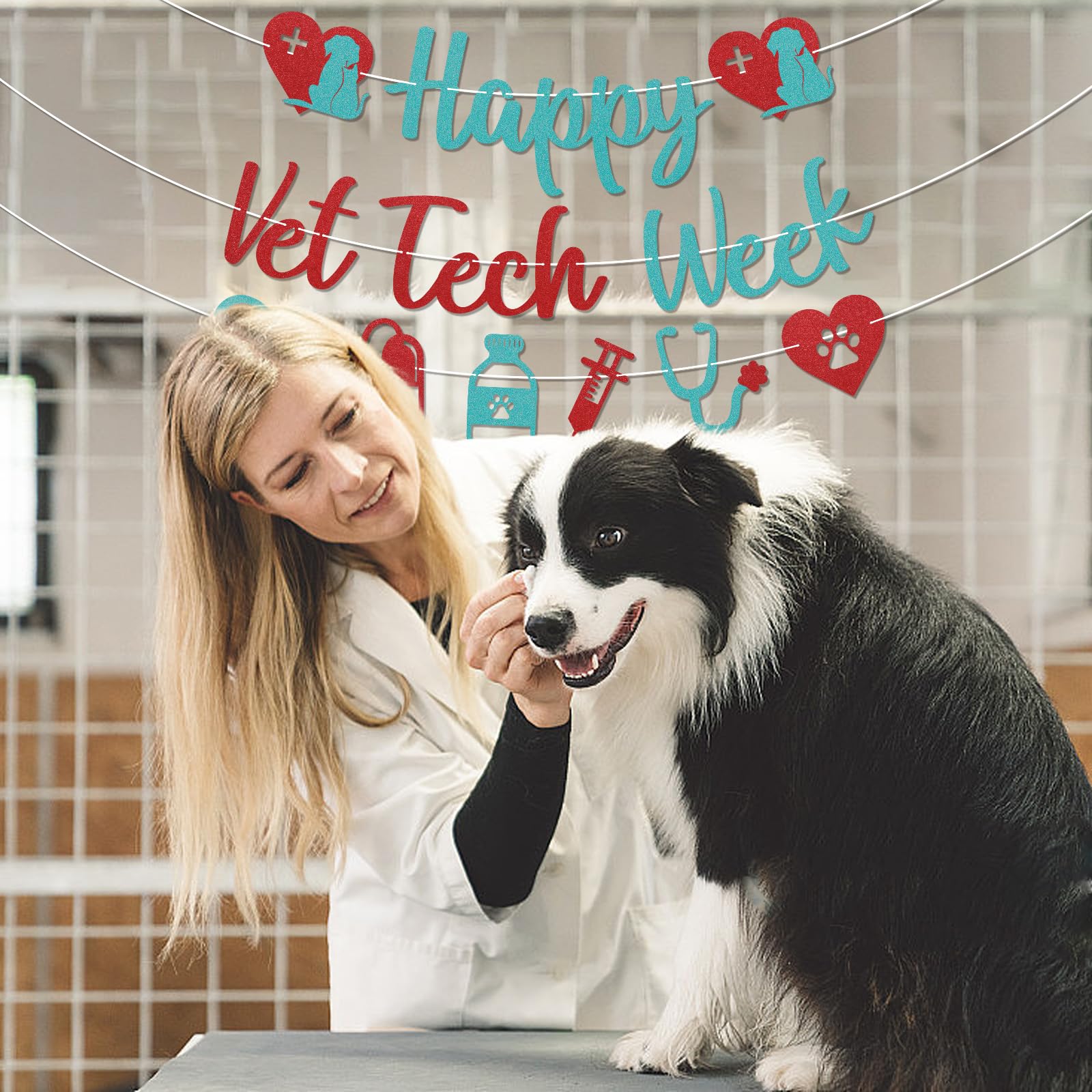 Happy Vet Tech Week Banner - Veterinary Technician Appreciation Decorations, Happy Veterinary Technician Appreciation Banner, Vet Hospital Staff Party Decorations Red & Blue Glitter