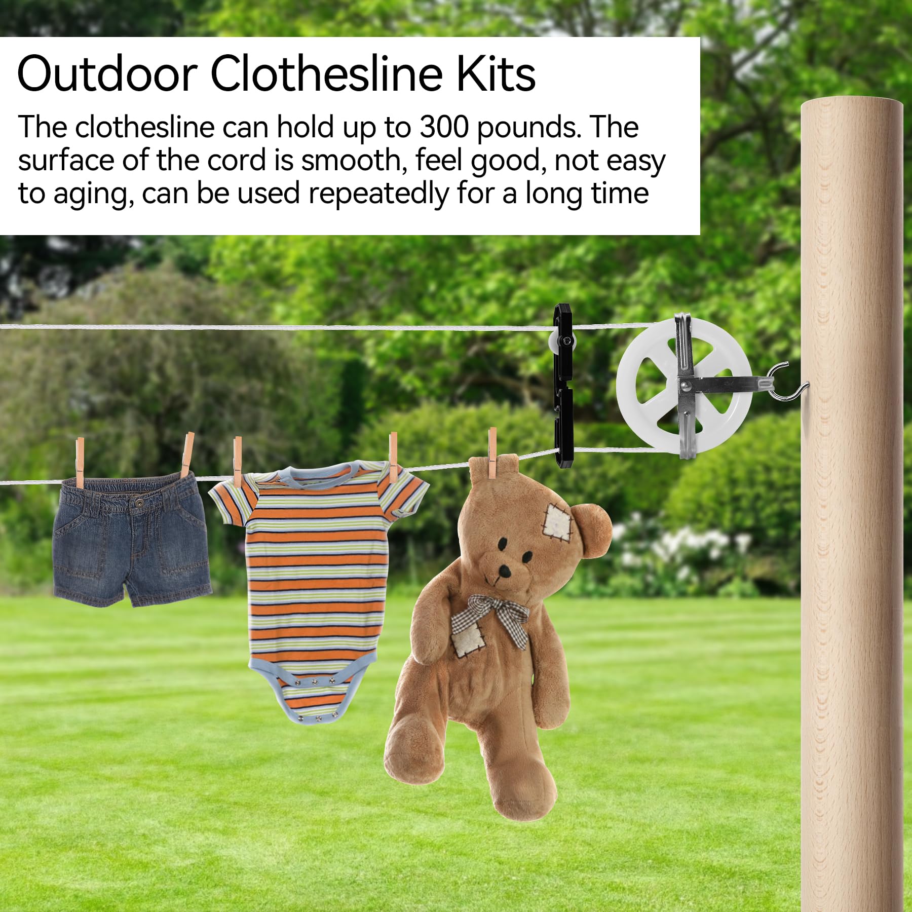 Outdoor Clothesline Kits,Include 150 Ft Nylon Clothes Line,Clothesline Pulley Clotheslines S Separator Spreader, Clothesline Tightener, Hook and Clothespins