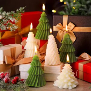 Conelist 6 pcs Christmas Tree Shaped Candles Xmas Wax Scented Candles 3.7 Inch Decorative Christmas Tree Candles Gifts for Xmas Eve Winter Holiday Party New Year Bedroom Room Table Decor, 4 Styles