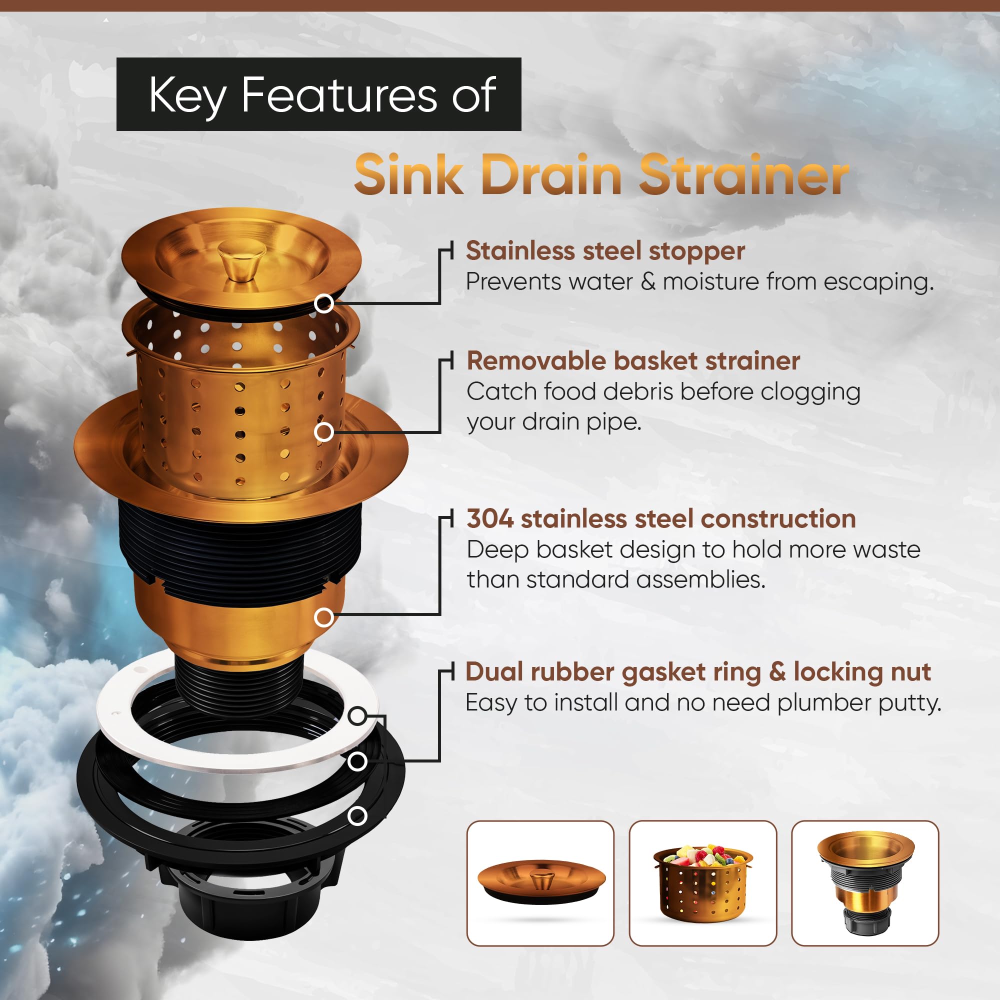 Strictly Sinks Sink Drain Strainer with Removable Basket - 3-1/2 Inch Stainless Steel Round Kitchen Sink Drain Assembly Kit with Deep Strainer Basket & Stopper (Copper)