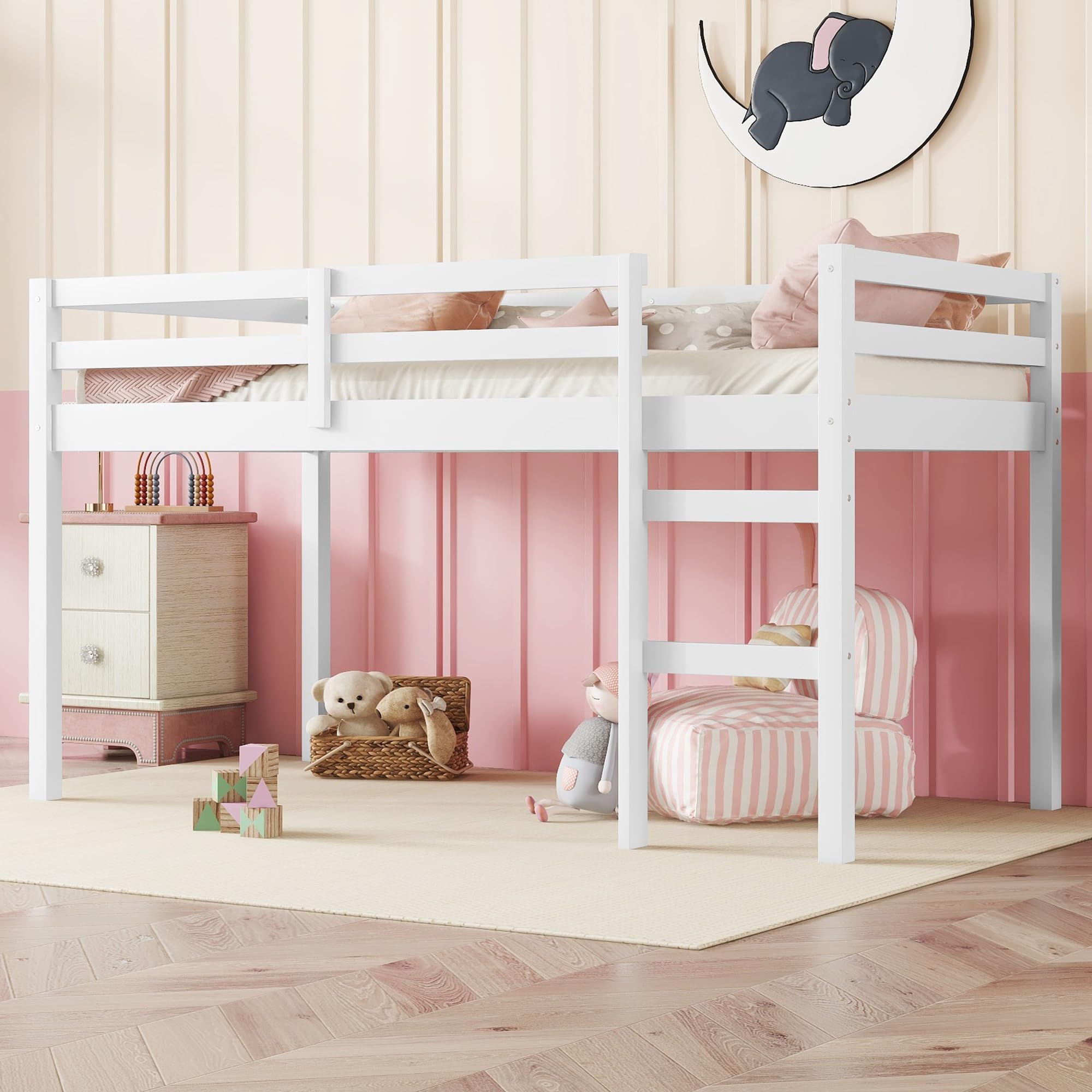 Bellemave Twin Size loft Bed for Kids, Kids loft Bed with Ladder, Wooden loft Bed for Kids, Low loft Bed, White