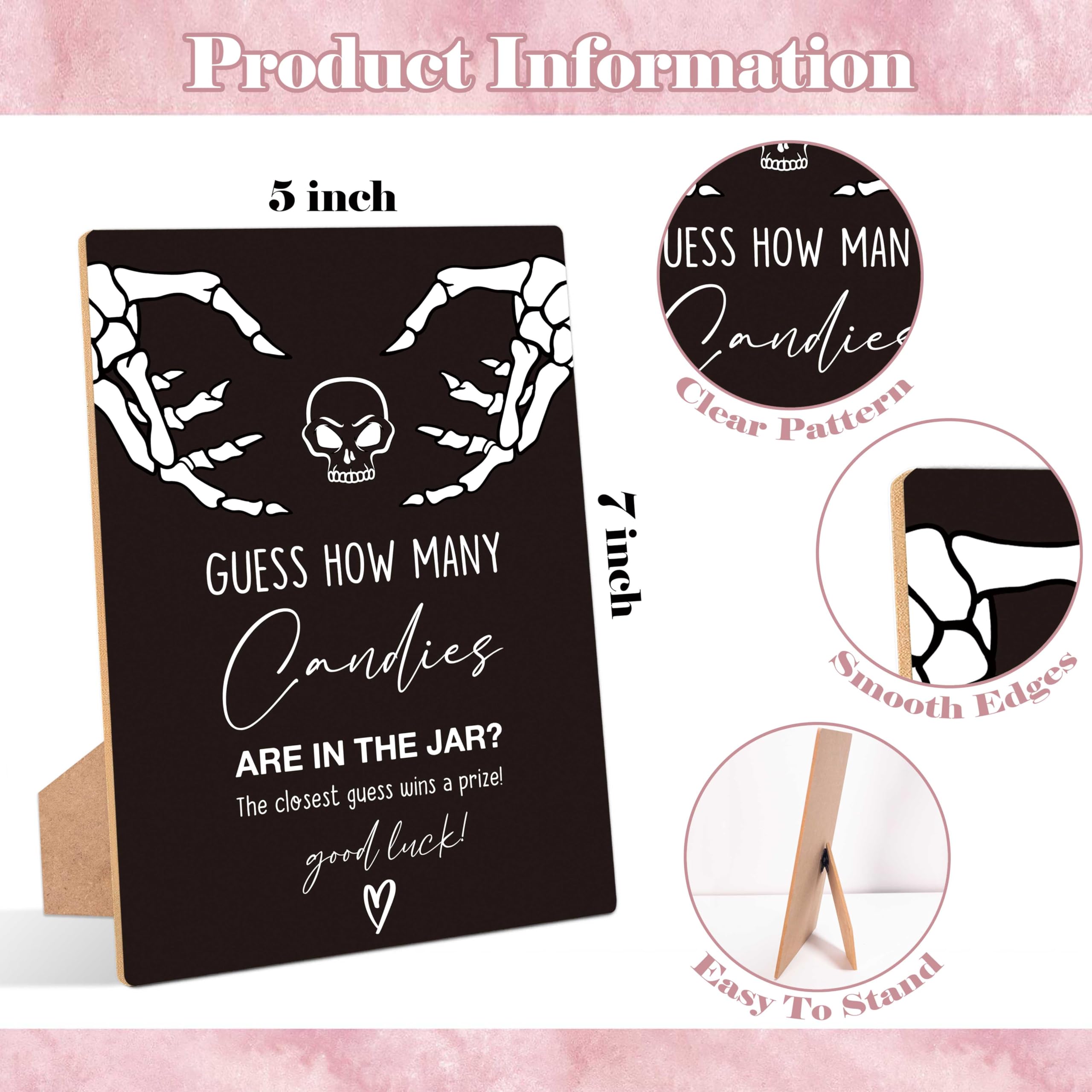 Halloween Guess How Many Candies Are In The Jar Game, Pack of 1 Wooden Tabletop Sign with Stand and 50 Guessing Cards, Black Gothic Baby Shower Game, Gender Reveal Party Decorations - WV03