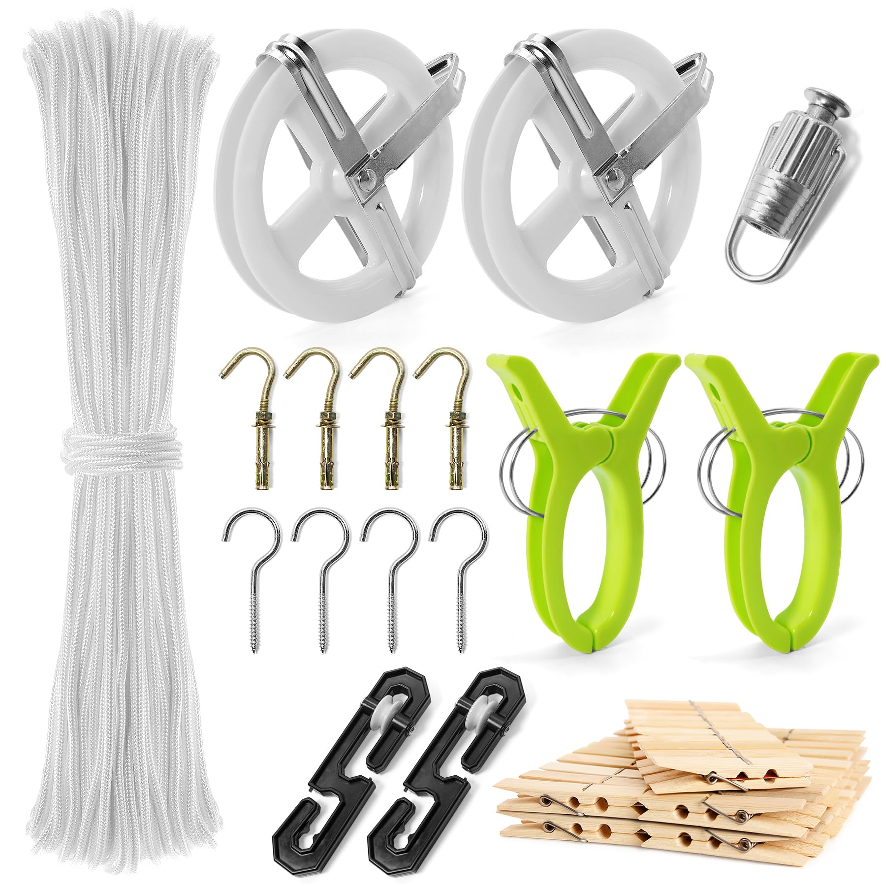 Outdoor Clothesline Kits,Include 150 Ft Nylon Clothes Line,Clothesline Pulley Clotheslines S Separator Spreader, Clothesline Tightener, Hook and Clothespins