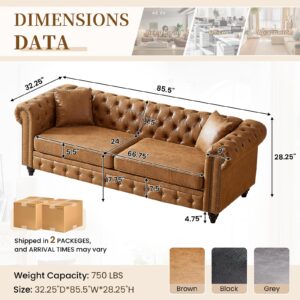 Mid Century Modern Couch,85.5" High-tech Fabric Button Tufted Oversized Loveseat Sofa w/ Nailhead Trim&Roll Armrest,Upholstered Comfy Deep Seat Chesterfield Sofa for Living Room,Office(3 Seater,Brown)