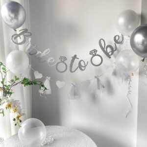 silver glitter bride to be set,bridal shower decorations,white wedding dress heart garland,silver balloon decor,bridal wedding party hanging garland,bride to be wedding love banner photo props