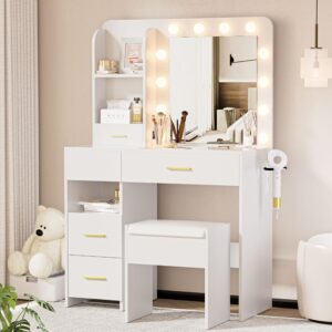 otterease vanity desk with led lighted mirror&power outlet, 3 lighting colors makeup vanity desk with 5 large drawers and 3 storage shelves, vanity with storage stool for bedroom, white