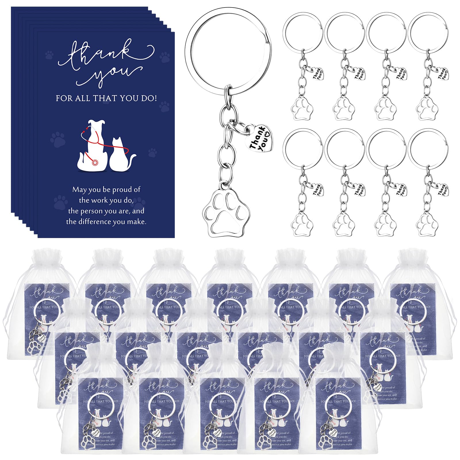 XunYee 12 Sets Christmas Vet Med Tech Gifts Veterinarian Thank You Paw Keychain with Cards Appreciation Gifts for Veterinary Medicine