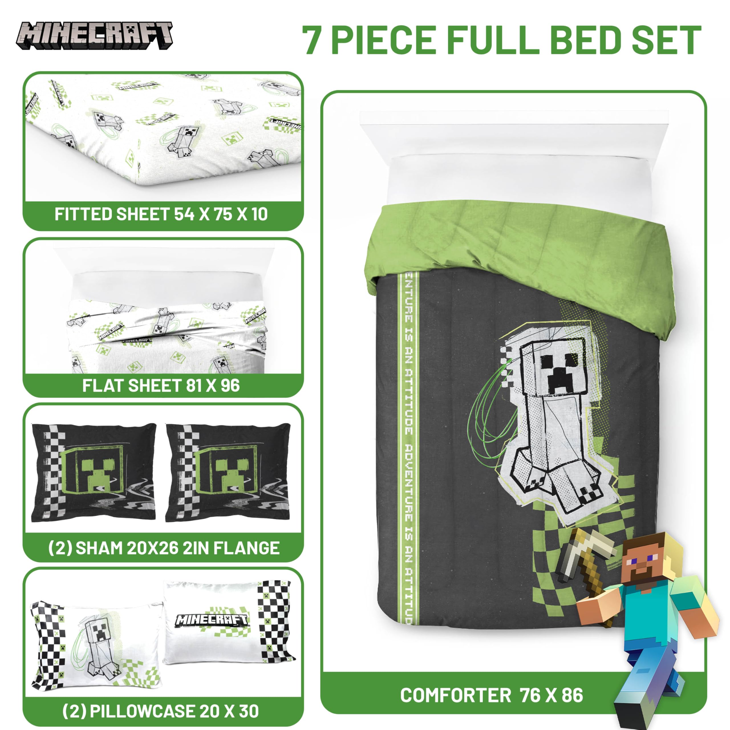 Jay Franco Minecraft Creeper Full Size Comforter Set - 7 Piece Bedding Includes Sheet Set & Pillow Covers - Super Soft Green & Gray Kids Bedding