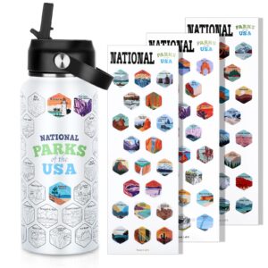 63 national parks water bottle with water proof stickers,32 oz leak proof insulated stainless steel water bottle with straw,perfect for hiking,camping&travel