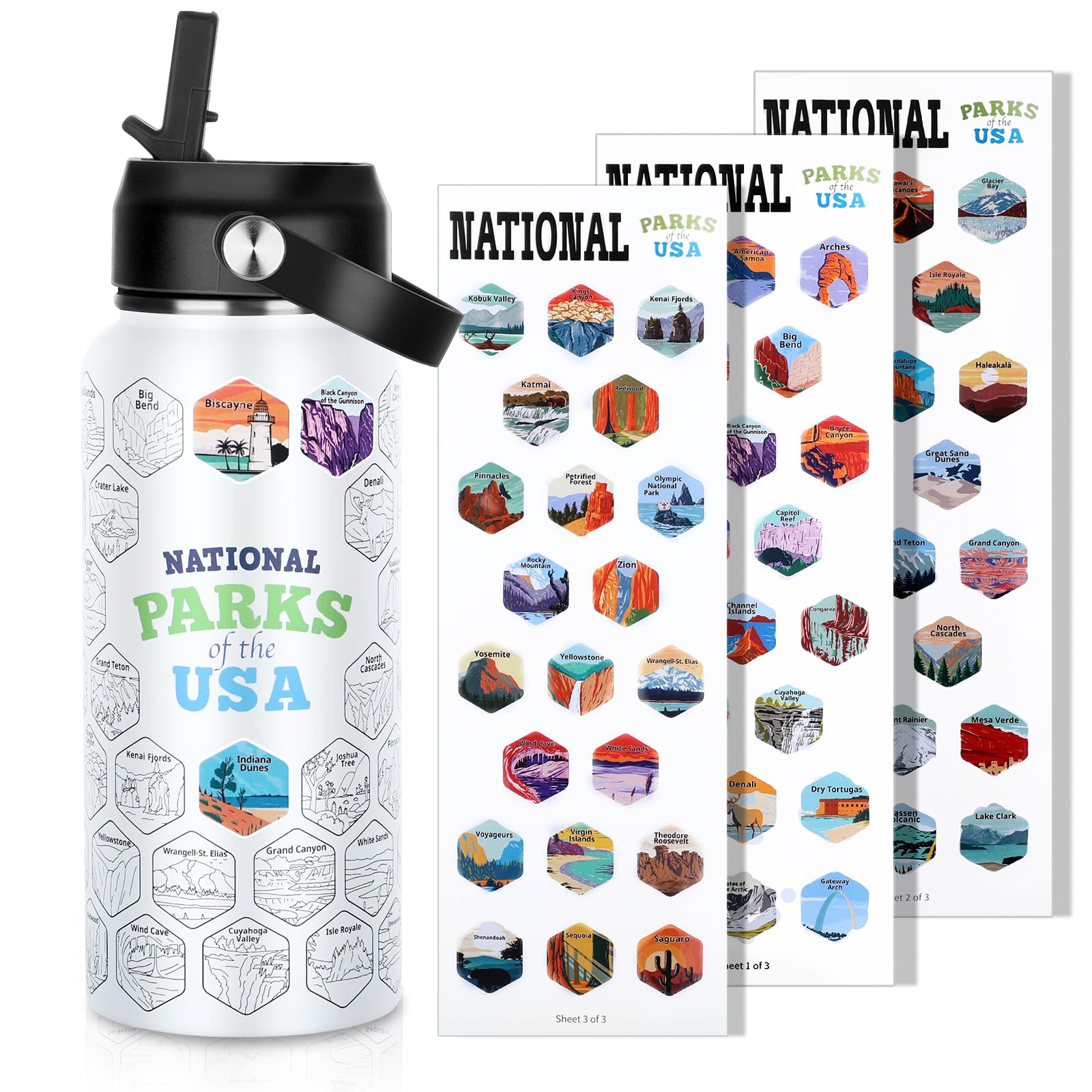 63 National Parks Water Bottle with Water Proof Stickers,32 oz Leak Proof Insulated Stainless Steel Water Bottle with Straw,Perfect for Hiking,Camping&Travel