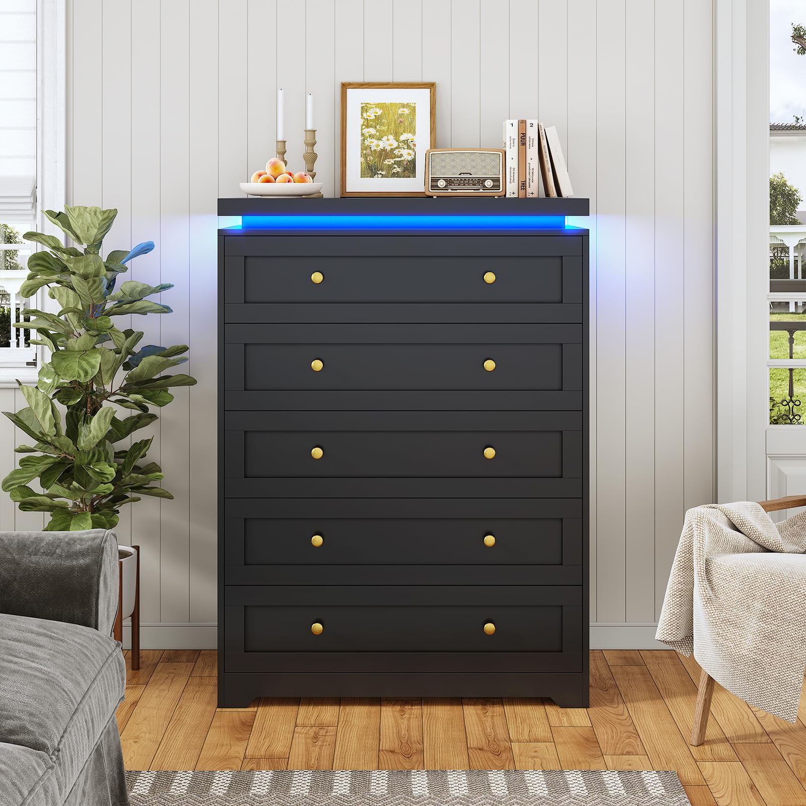 AOGLLATI Black Dresser for Bedroom,5 Drawer Dresser with Led Lights,Modern Led Tall Bedroom Dresser with Top Floating Design for Bedroom Hallway,Black