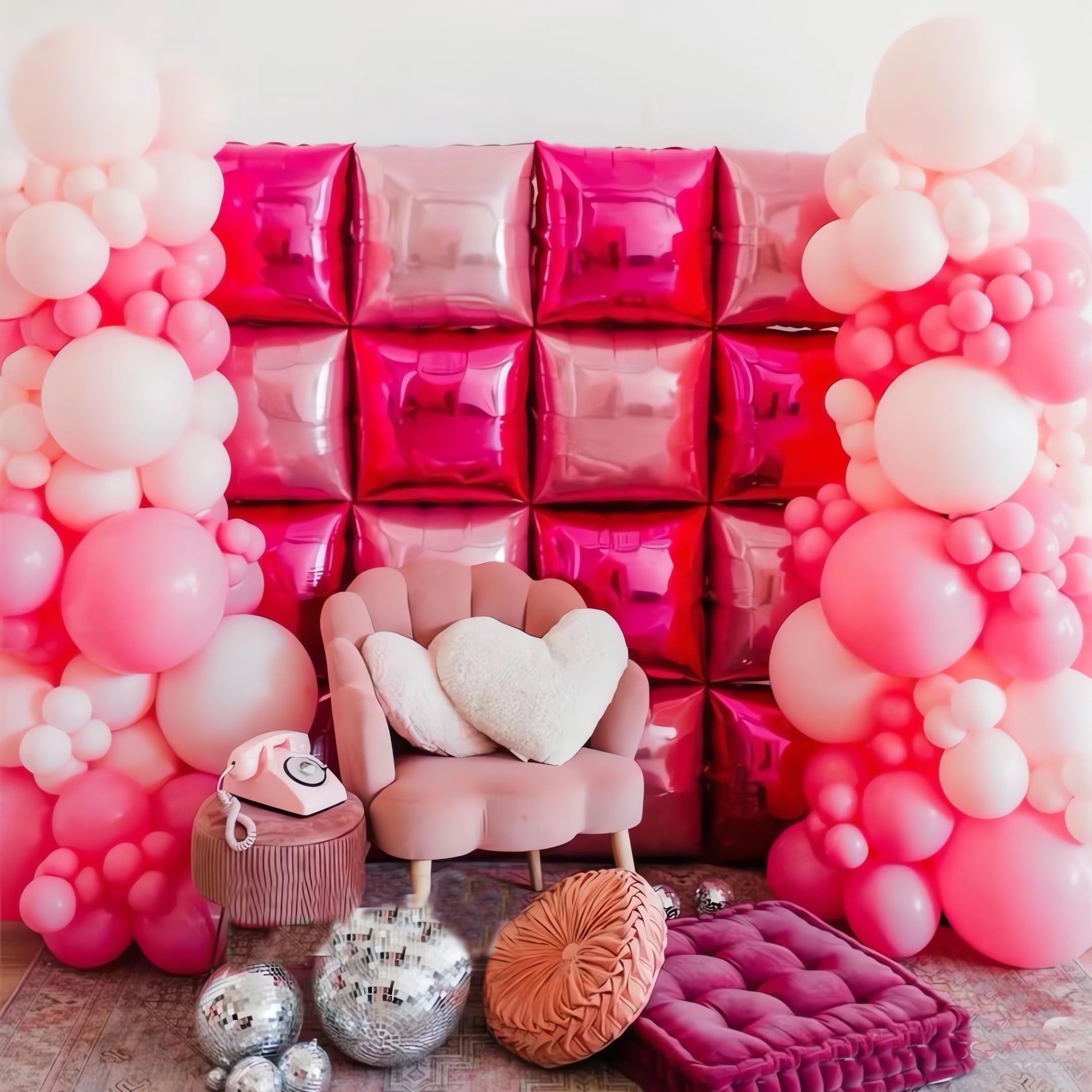 Magenta Pink Square Foil Balloon Wall/Rose Red Square Balloons/Double Sided Balloon Arch Garland Kit for photos/Anniversary Bachelorette Birthday Engagement Bridal Baby Shower Party Decorations