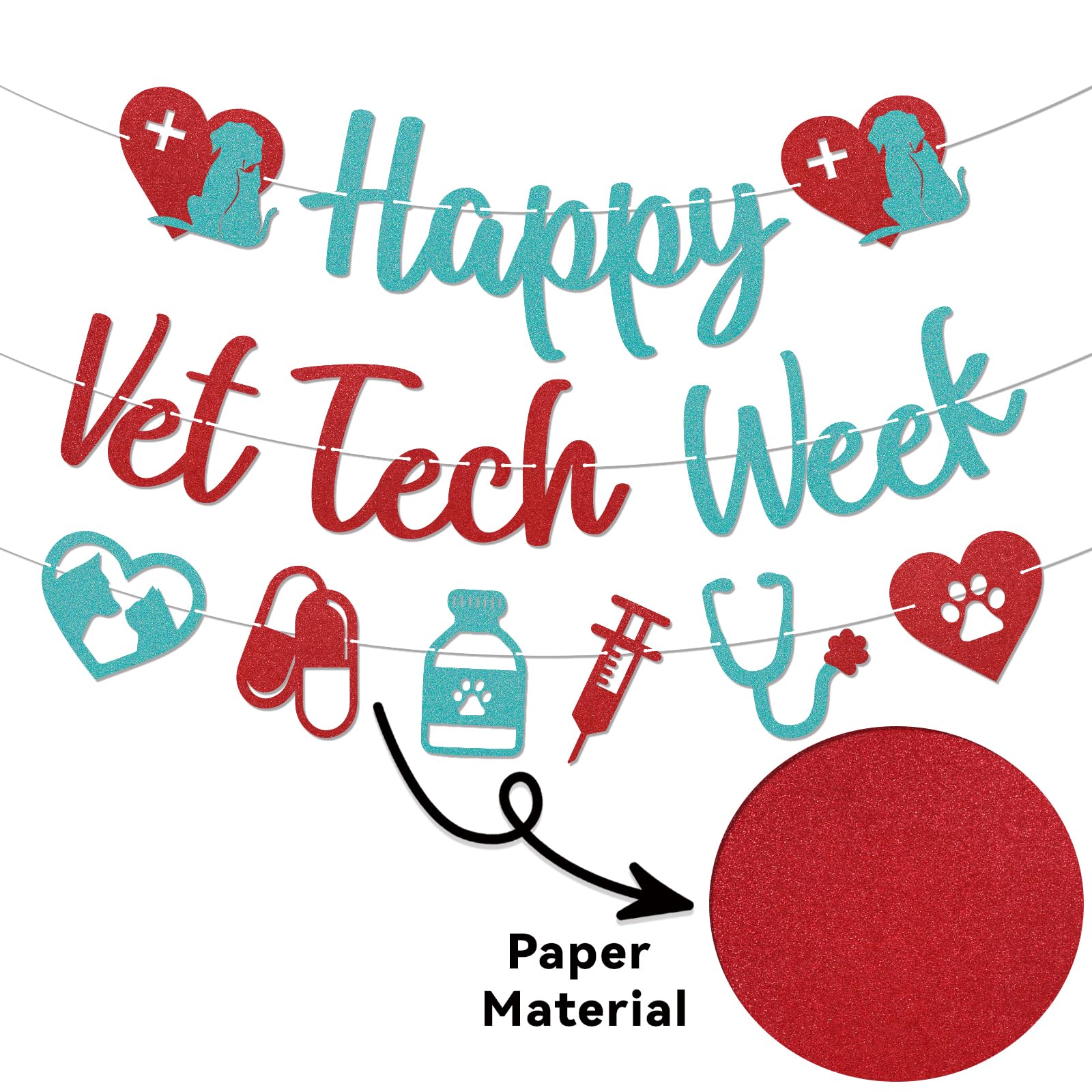 Happy Vet Tech Week Banner - Veterinary Technician Appreciation Decorations, Happy Veterinary Technician Appreciation Banner, Vet Hospital Staff Party Decorations Red & Blue Glitter