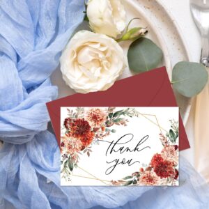 Whaline 24Pcs Watercolor Floral Thank You Cards with Envelopes and Stickers Boho Floral Greeting Cards Red Terracotta Flower Blank Note Cards for Party Supplies