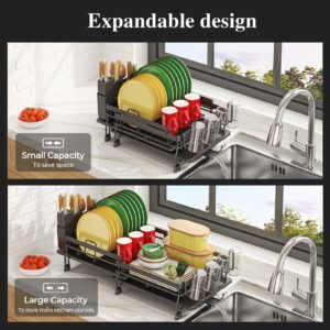 Famhap Large Dish Drying Rack - Extendable (22"-29" L) Dish Rack with Drainboard Set, Multifunctional Dish Rack for Kitchen Counter, Anti-Rust Drying Dish Rack with Cutlery & Cup Holders, Black