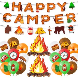 camping themed party decorations, happy camping banner and 3d bonfire with camping theme latex balloon for teenagers adventurer hiking camping party decoration