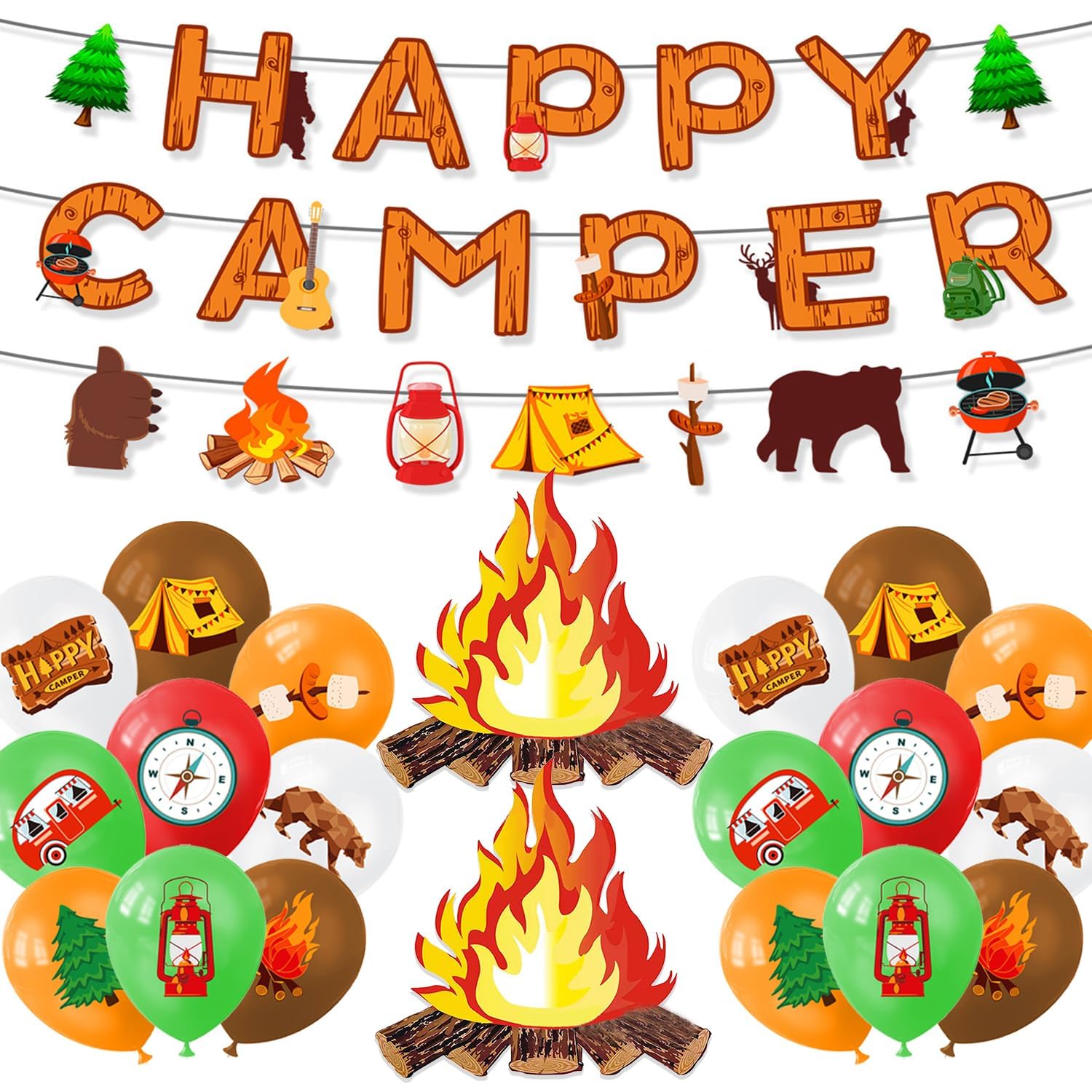 Camping Themed Party Decorations, Happy Camping Banner and 3D Bonfire with Camping Theme Latex Balloon for Teenagers Adventurer Hiking Camping Party Decoration