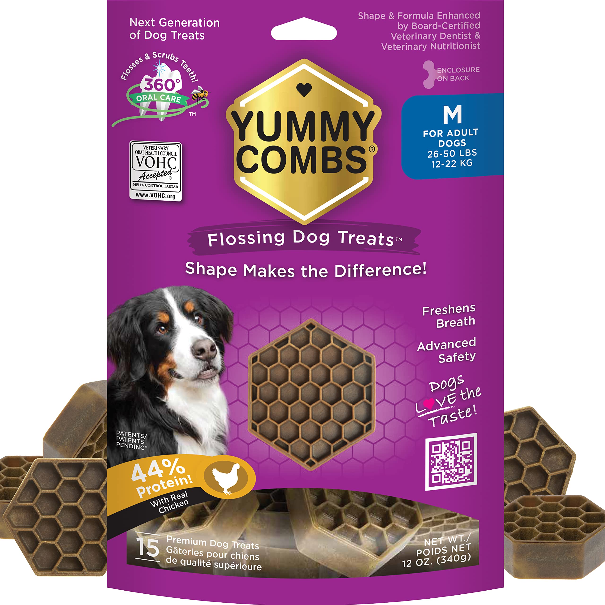 Yummy Combs - Dog Dental Treats | Removes Tartar - Vet VOHC Approved | A Yummy Treat for Teeth Cleaning - Chicken Protein | Extra Small 12oz and Medium 12oz