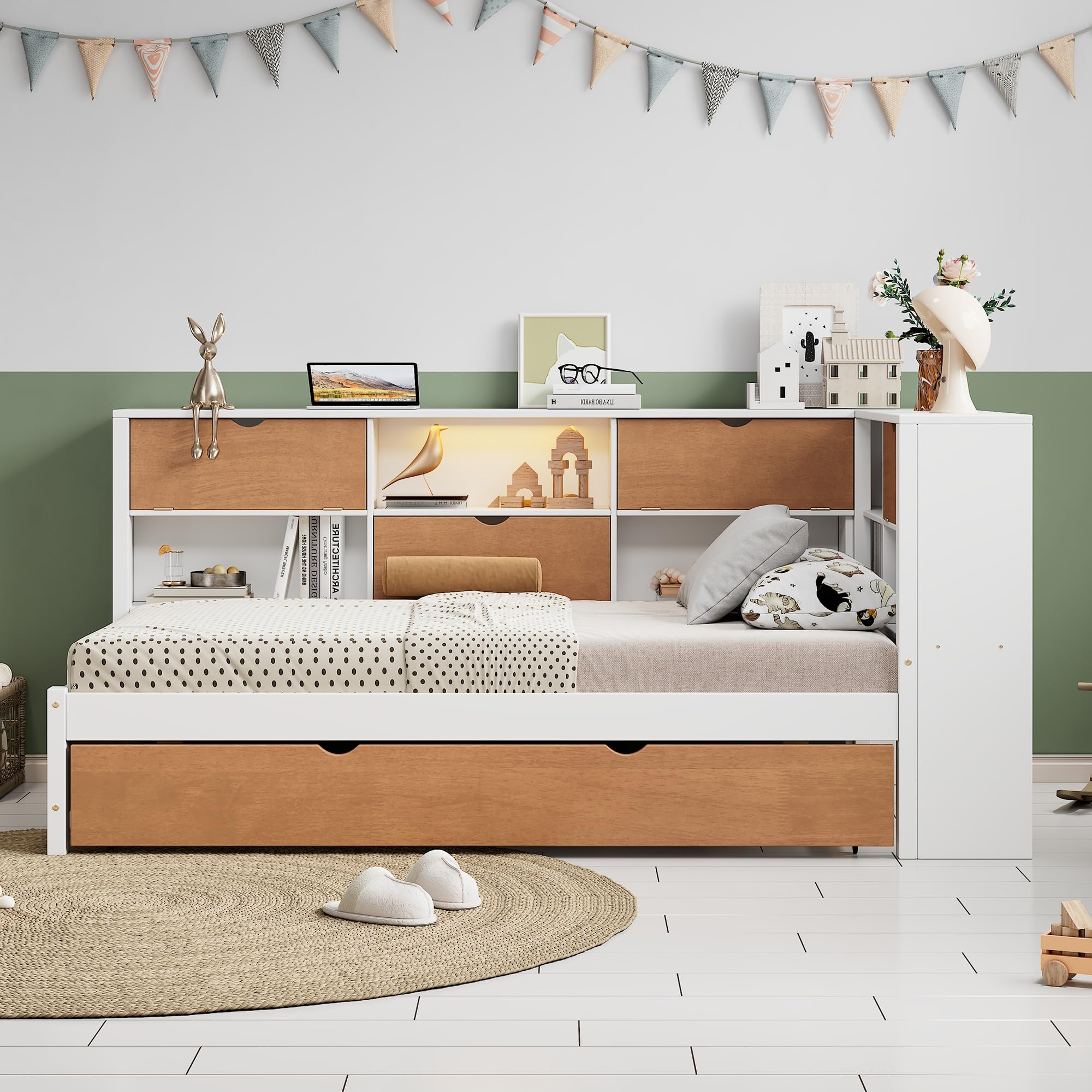 MERITLINE FullDaybed with Trundle, L-Shaped Bed Frame, Wood Platform Bed with LED Lights & USB Ports, Full Corner Bed with Trundle and Storage for Kids Teens Boys Girls, Walnut and White