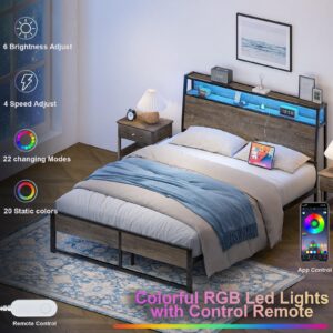 CHABUILDREARK Twin Bed Frame with LED Lights, Metal Platform Bed with Ergonomic Storage Headboard and Charging Station, Kids Twin Bed Frame, No Box Spring Needed, Easy Assembly, Grey