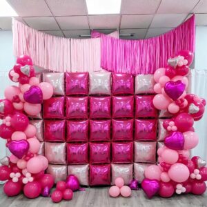 Magenta Pink Square Foil Balloon Wall/Rose Red Square Balloons/Double Sided Balloon Arch Garland Kit for photos/Anniversary Bachelorette Birthday Engagement Bridal Baby Shower Party Decorations