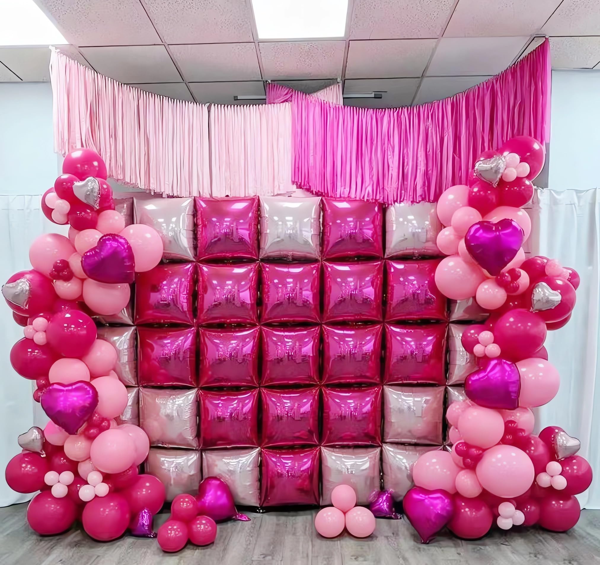 Magenta Pink Square Foil Balloon Wall/Rose Red Square Balloons/Double Sided Balloon Arch Garland Kit for photos/Anniversary Bachelorette Birthday Engagement Bridal Baby Shower Party Decorations