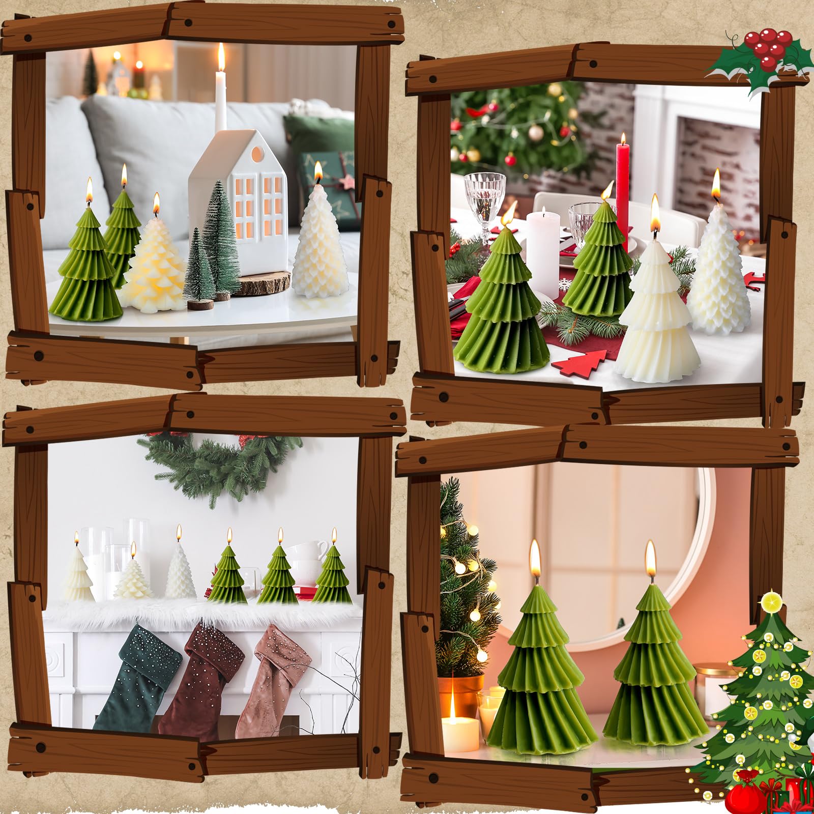 Conelist 6 pcs Christmas Tree Shaped Candles Xmas Wax Scented Candles 3.7 Inch Decorative Christmas Tree Candles Gifts for Xmas Eve Winter Holiday Party New Year Bedroom Room Table Decor, 4 Styles