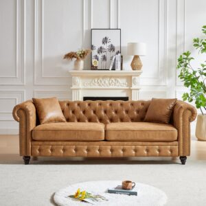 Mid Century Modern Couch,85.5" High-tech Fabric Button Tufted Oversized Loveseat Sofa w/ Nailhead Trim&Roll Armrest,Upholstered Comfy Deep Seat Chesterfield Sofa for Living Room,Office(3 Seater,Brown)