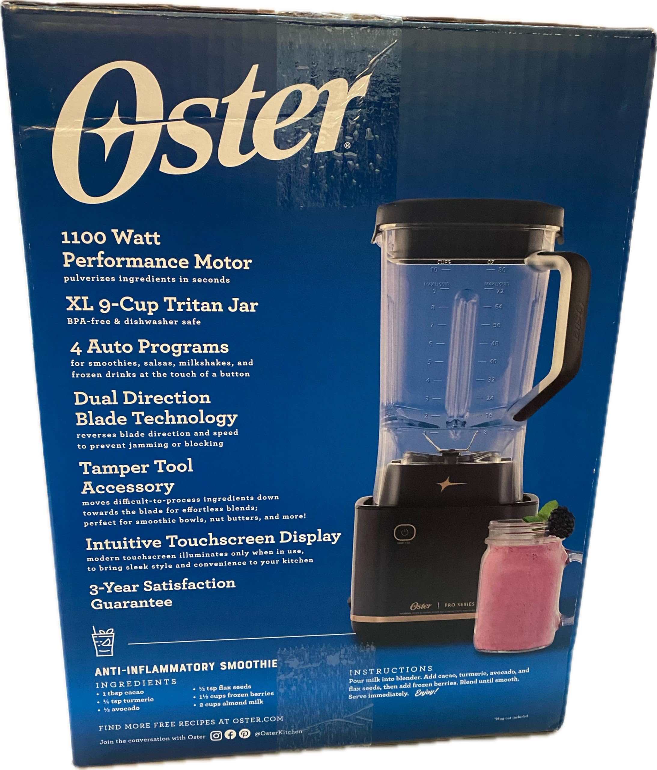 O-ster XL Professional Blender, 1100 Watts, 9-Cup Tritan Jar, 8 Speeds, Dual Direction Blade, Tamper Tool Included