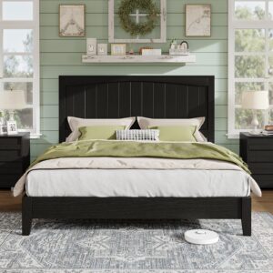 amerlife queen size 48.4" solid wood bed frame, mid century modern platform bed with arched lines headboard, no box spring needed/noise free, black