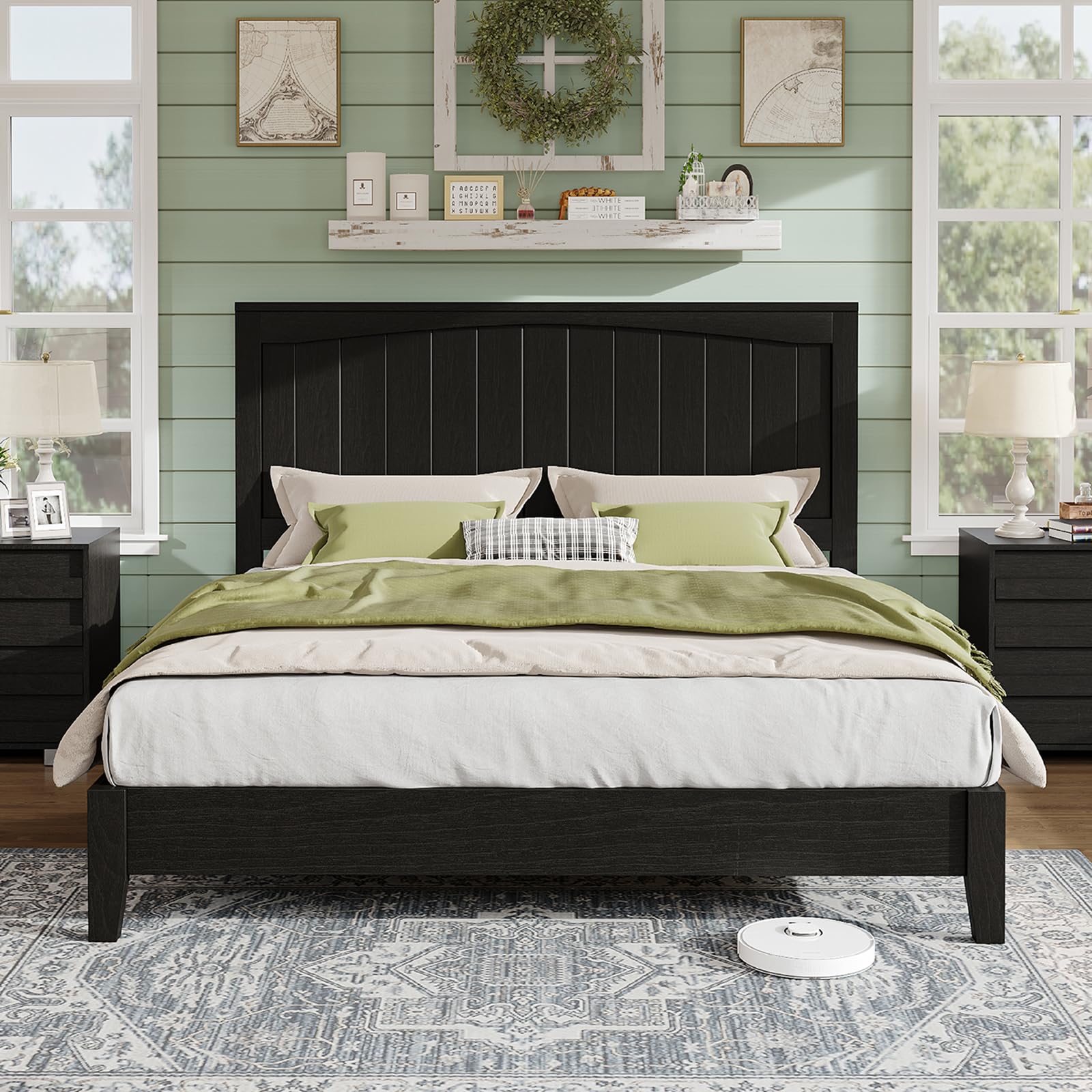 AMERLIFE Queen Size 48.4" Solid Wood Bed Frame, Mid Century Modern Platform Bed with Arched Lines Headboard, No Box Spring Needed/Noise Free, Black