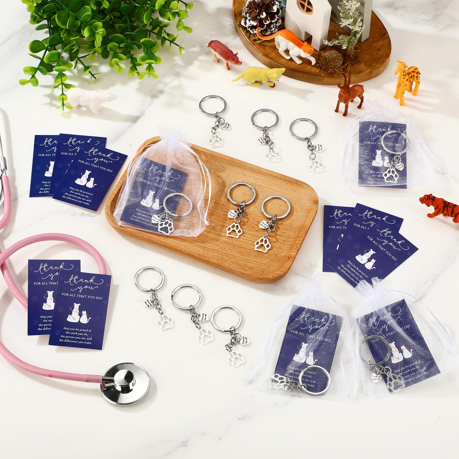 XunYee 12 Sets Christmas Vet Med Tech Gifts Veterinarian Thank You Paw Keychain with Cards Appreciation Gifts for Veterinary Medicine