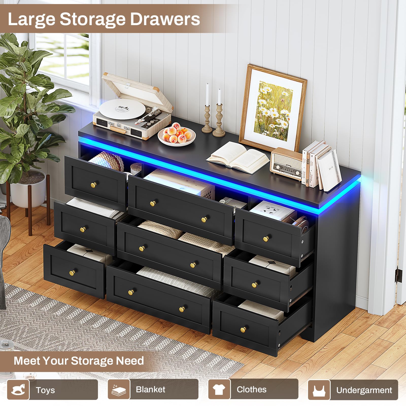 AOGLLATI Long Dresser for Bedroom, 55” Black 9 Drawer Dresser with Led Lights, Modern Large Wood Chest of Drawers, Led Wide Bedroom Dresser with Top Floating Design for Bedroom Hallway,Black