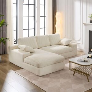 Nolohoo L Shape Sectional Sofa Cloud Couch with Comfy Chaise, Upholstered Deep Seat Corduroy Couch for Living Room, 2 Piece Modular Sectional Floor Sofa, No Assembly Required, Cream White