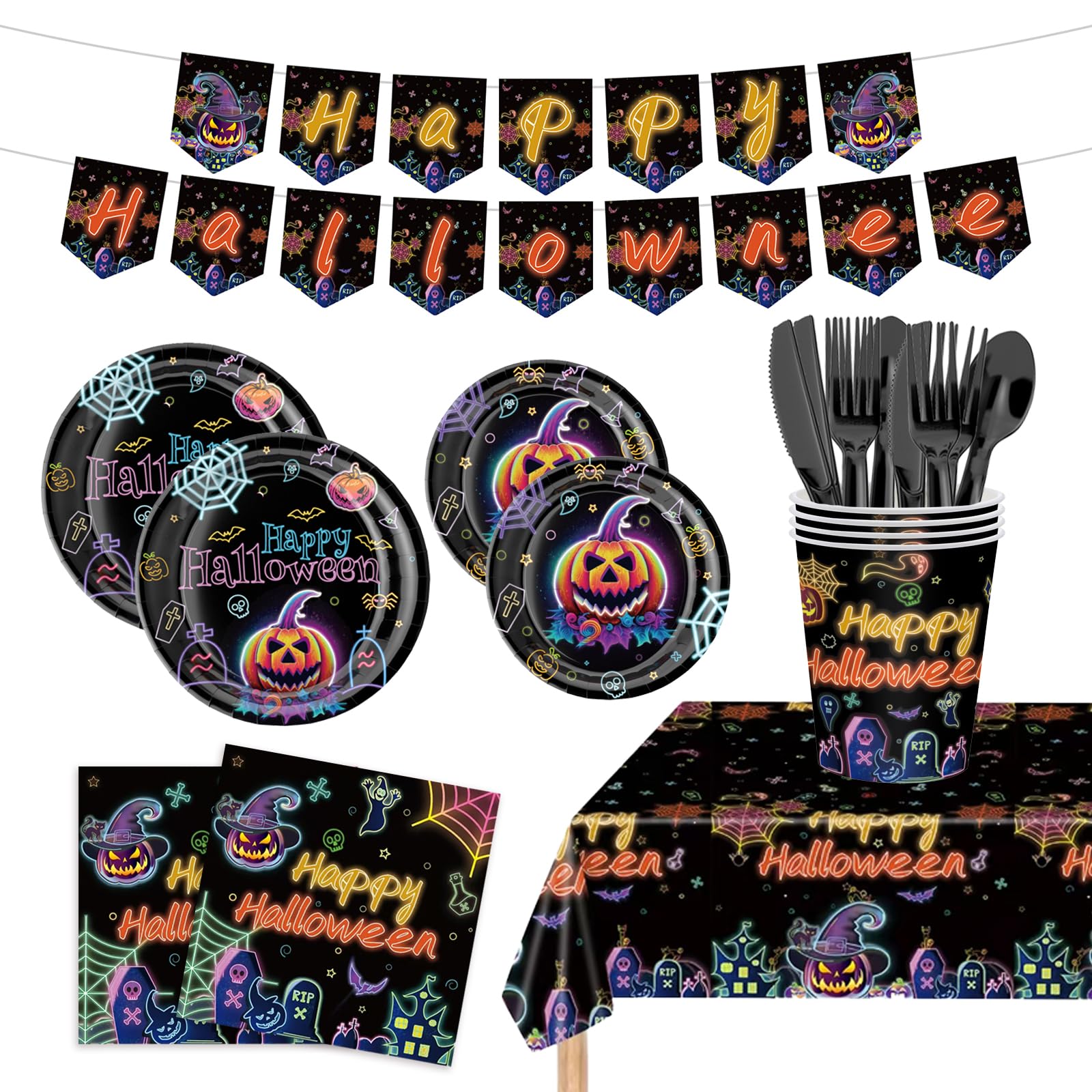 170PCS Halloween Party Plates and Napkins Set, Happy Halloween Holiday Pumpkin Ghost Dinnerware Party Decorations, Disposable Tableware for Kids Birthday Baby Shower Decor, Serve 24 Guests