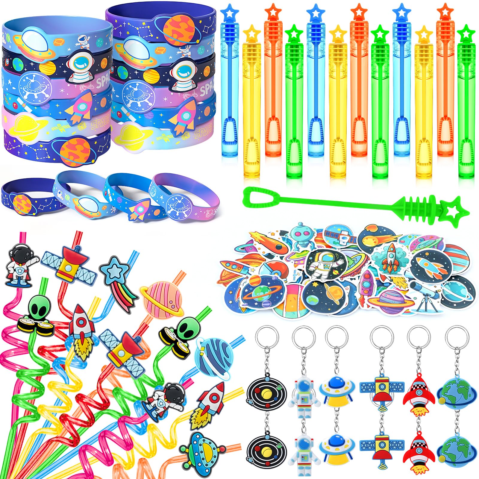 Mishopy 98 Outer Space Party Favors Galaxy Astronaut Birthday Supplies Straw Bubble Silicone Bracelet Keychain Sticker Boy Kid Girl Toy Gift Goodie Bags Stuffer Class Prize Space Themed Party Favors