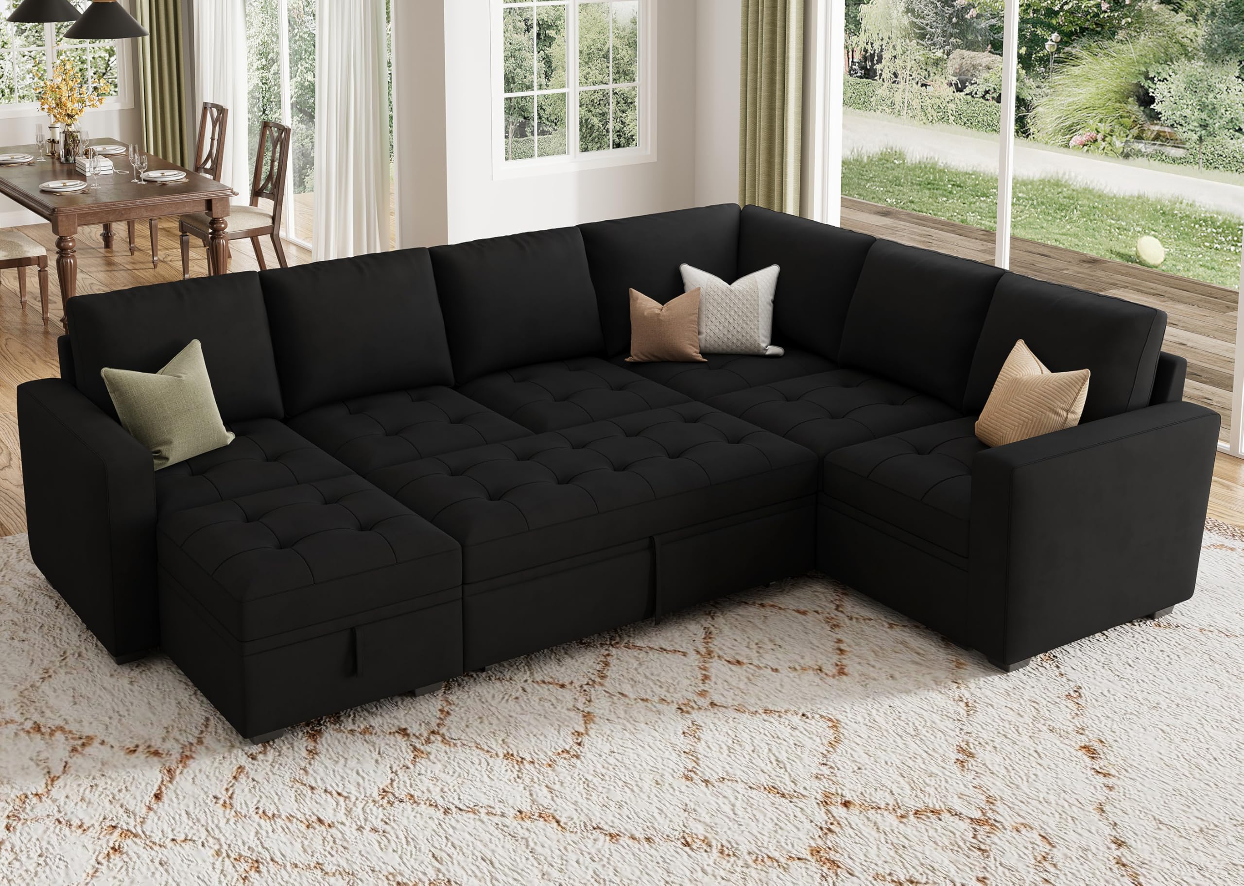 HONBAY Modular Sectional Sleeper Sofa with Pull Out Bed, Velvet Convertible L Shaped Sectional Couch with Storage Seat, Sectional Couches for Living Room, Balck