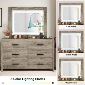 YITAHOME Makeup Vanity with Lighted Mirror, 6-Drawer Vanity Desk with Charge Station, Dressing Table with 3-Mode Light Strip for Bedroom, Maple Gray