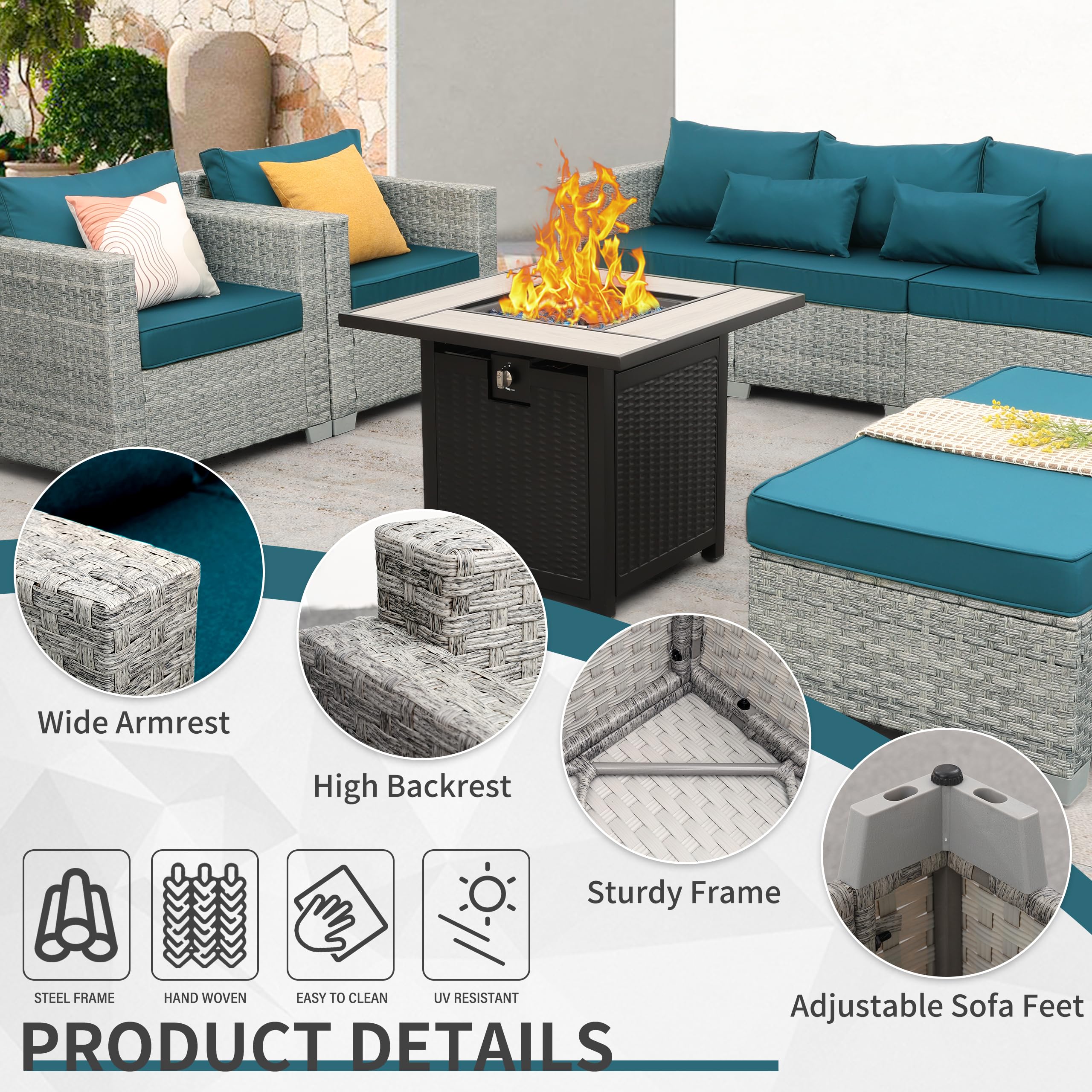 WAROOM Patio Furniture Set 6 Piece Outdoor Patio Set Grey Wicker Balcony Furniture Conversation Sets PE Rattan Couch Sofa with Fire Pit Table, Peacock Blue Cushion