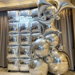 Gold and Silvery Suare Foil Balloon Wall Backdrop for Photos Double Sided Balloon Arch Garland Kit for Anniversary Bachelorette Birthday Engagement Bridal Baby Shower Party Decorations 25pcs