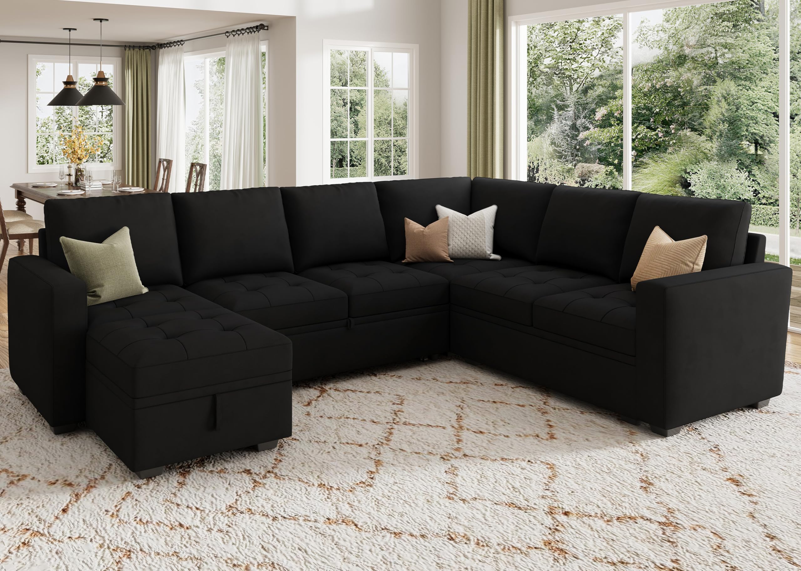 HONBAY Modular Sectional Sleeper Sofa with Pull Out Bed, Velvet Convertible L Shaped Sectional Couch with Storage Seat, Sectional Couches for Living Room, Balck